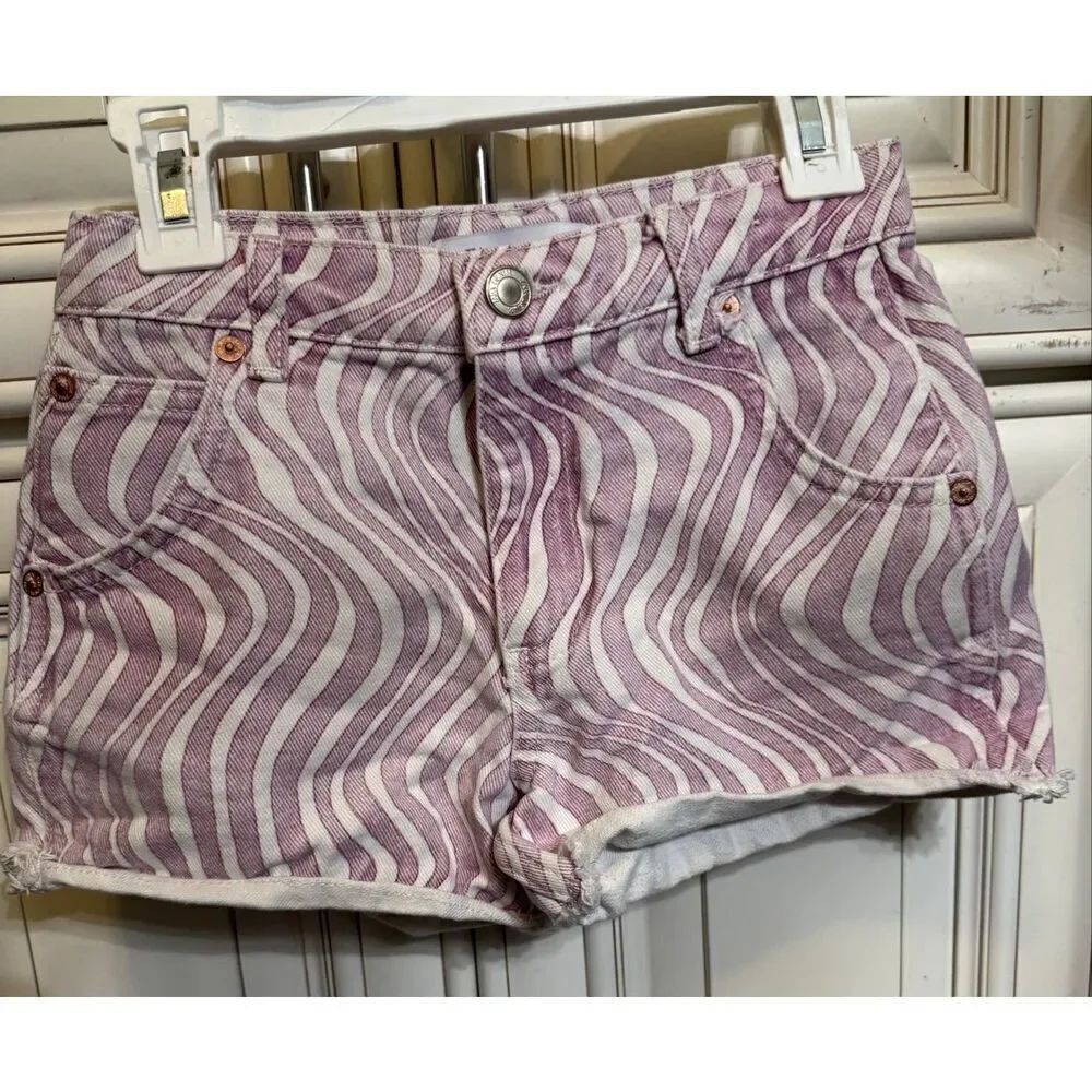 Zara Girls Wave Print Frayed Hem Cotton Denim Cut Off Shorts Pink White Size 8